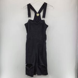 Torn Ronny Kobo Denim Overalls Size 27 Black Ripped Knees Capri Length Raw Hem